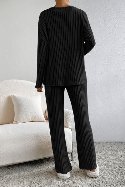 Ribbed V Neck Top and Pants Lounge Set