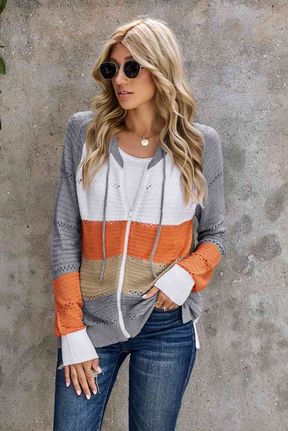 Zip Up Raglan Sleeve Openwork Hooded Cardigan
