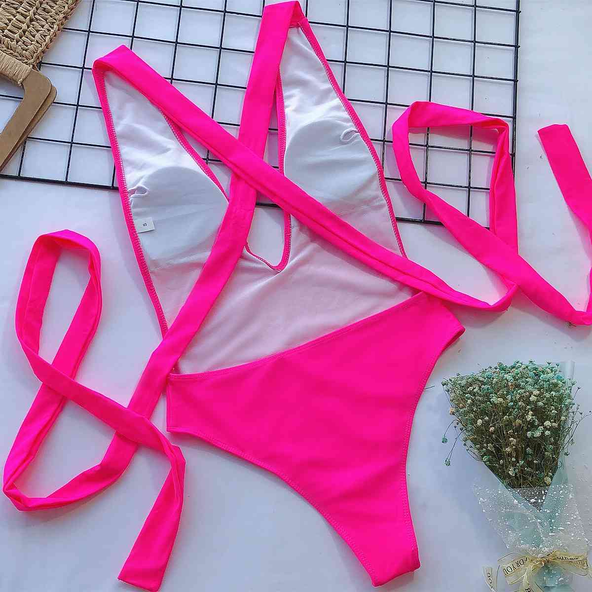 Halter Neck Deep V Tied One Piece Swimsuit