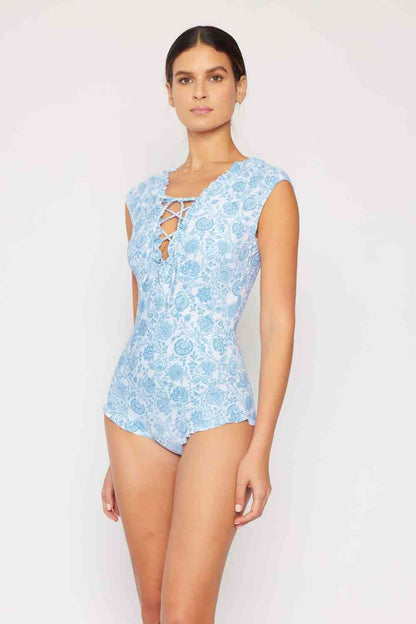 Floral Elegance V-Neck One Piece in Thistle Blue