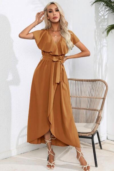 Ruffled Tied V Neck Midi Dress