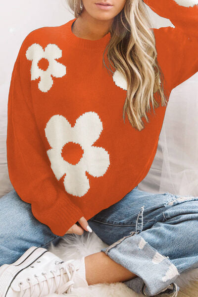 Round Neck Floral Pattern Color Contrast Long Sleeve Sweater