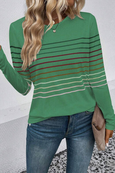 Striped Round Neck Long Sleeve T Shirt