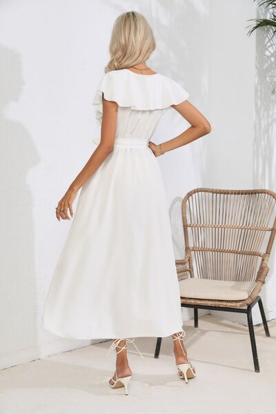 Ruffled Tied V Neck Midi Dress