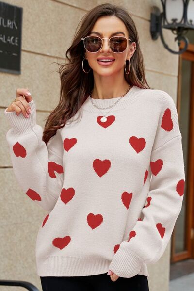 Heart Pattern Lantern Sleeve Round Neck Tunic Sweater