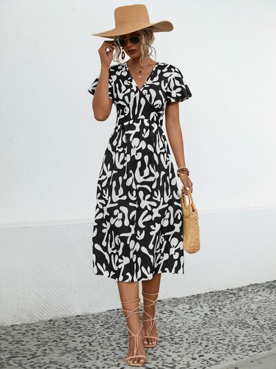 Printed V Neck Short Sleeve Dress