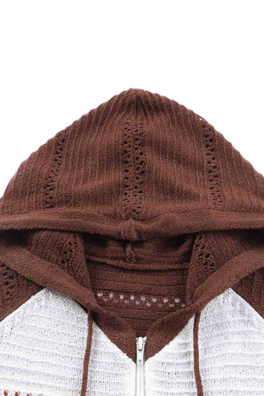 Zip Up Raglan Sleeve Openwork Hooded Cardigan