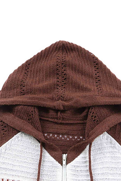 Zip Up Raglan Sleeve Openwork Hooded Cardigan