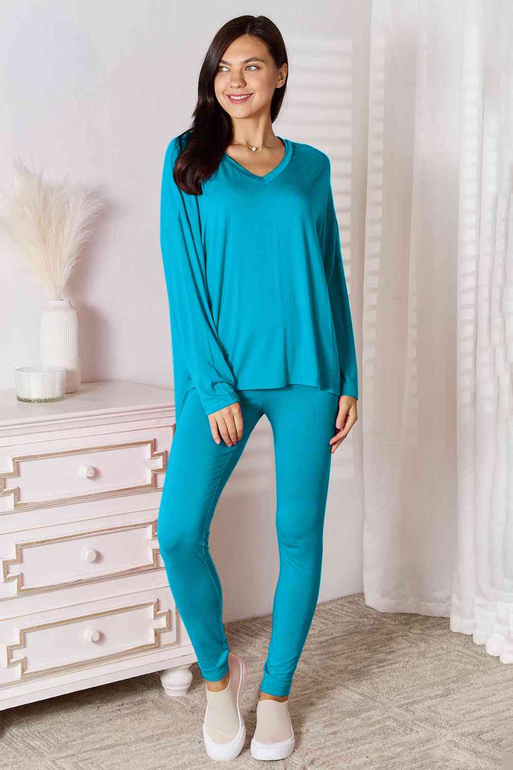 V Neck Soft Rayon Long Sleeve Top and Pants Lounge Set
