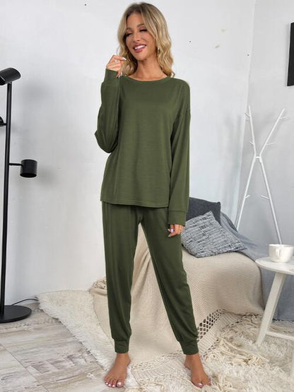 Drawstring Pants and Round Neck Top Lounge Set