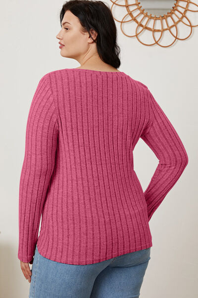 Basic Bae Full Size Ribbed V Neck Long Sleeve Tee Shirt