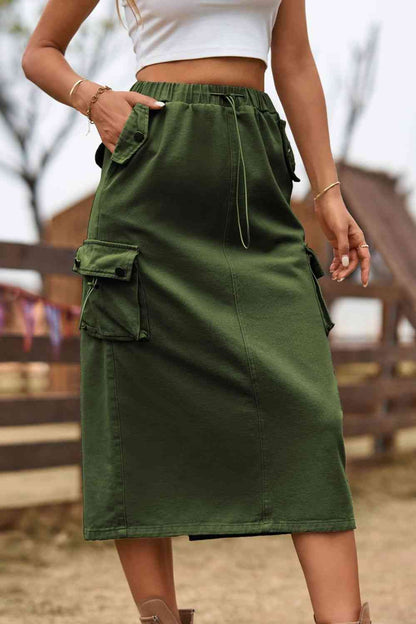 Drawstring Waist Slit Midi Denim Skirt