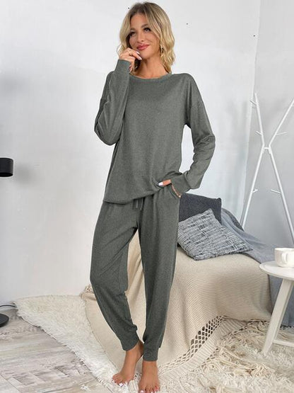 Drawstring Pants and Round Neck Top Lounge Set