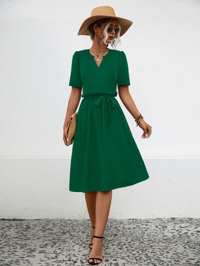 Tied Notched Short Sleeve Casual Dress