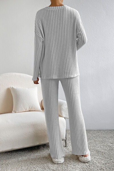 Ribbed V Neck Top and Pants Lounge Set