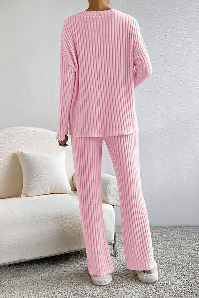 Ribbed V Neck Top and Pants Lounge Set