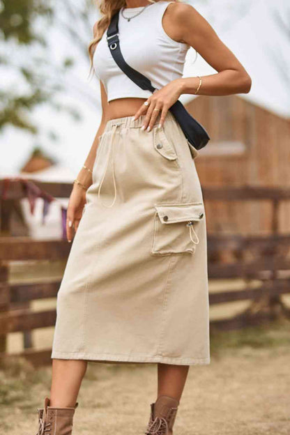 Drawstring Waist Slit Midi Denim Skirt
