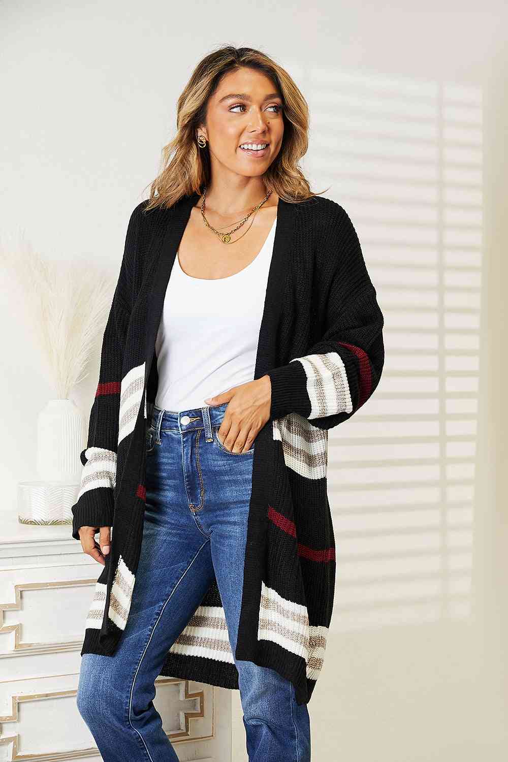 Double Take Striped Rib Knit Drop Shoulder Cardigan
