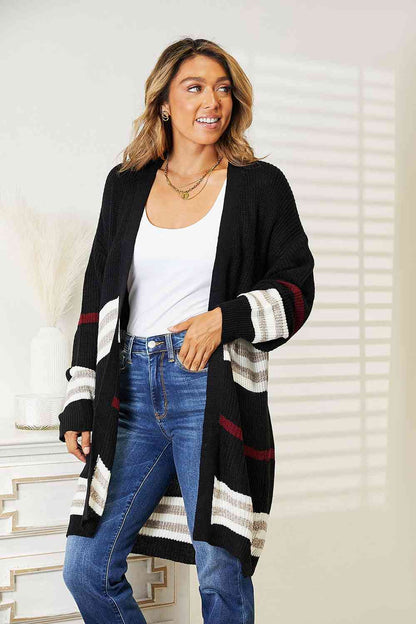 Double Take Striped Rib Knit Drop Shoulder Cardigan