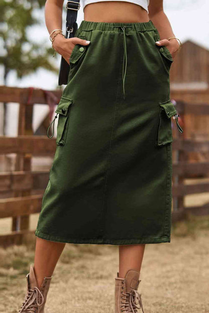 Drawstring Waist Slit Midi Denim Skirt