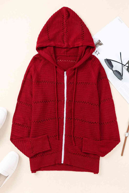 Zip Up Raglan Sleeve Openwork Hooded Cardigan