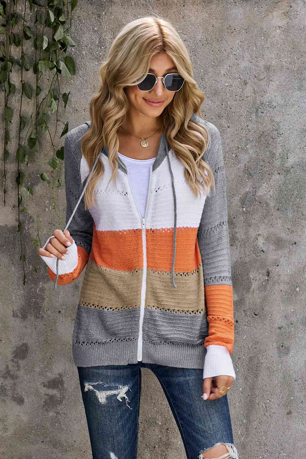 Zip Up Raglan Sleeve Openwork Hooded Cardigan