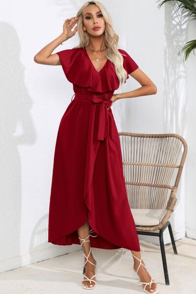 Ruffled Tied V Neck Midi Dress