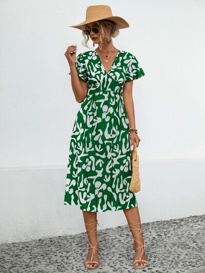 Printed V Neck Short Sleeve Dress
