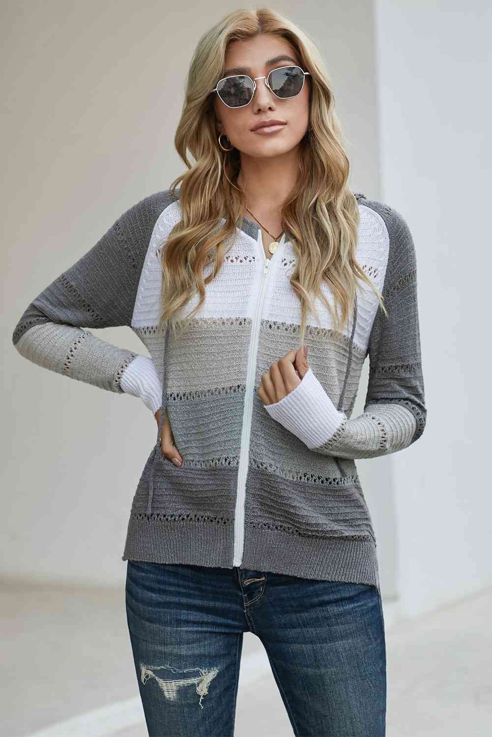 Zip Up Raglan Sleeve Openwork Hooded Cardigan